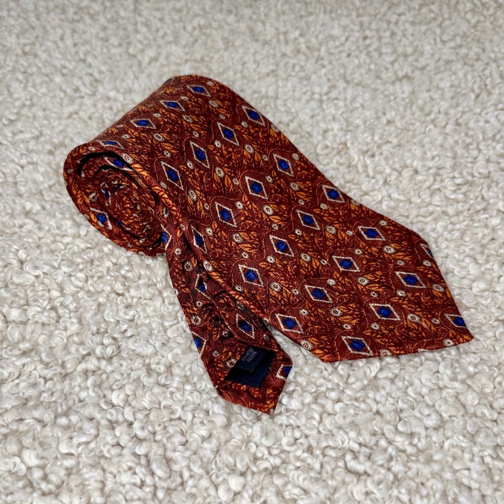 Jos A Bank %100 Silk Tie Burnt Orange Blue Geometric Diamond Pattern Made in USA